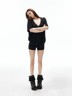 iamxiaa Drapey Deep V Drop Shoulder Women's Loose Slouchy Short Sleeve T-shirts