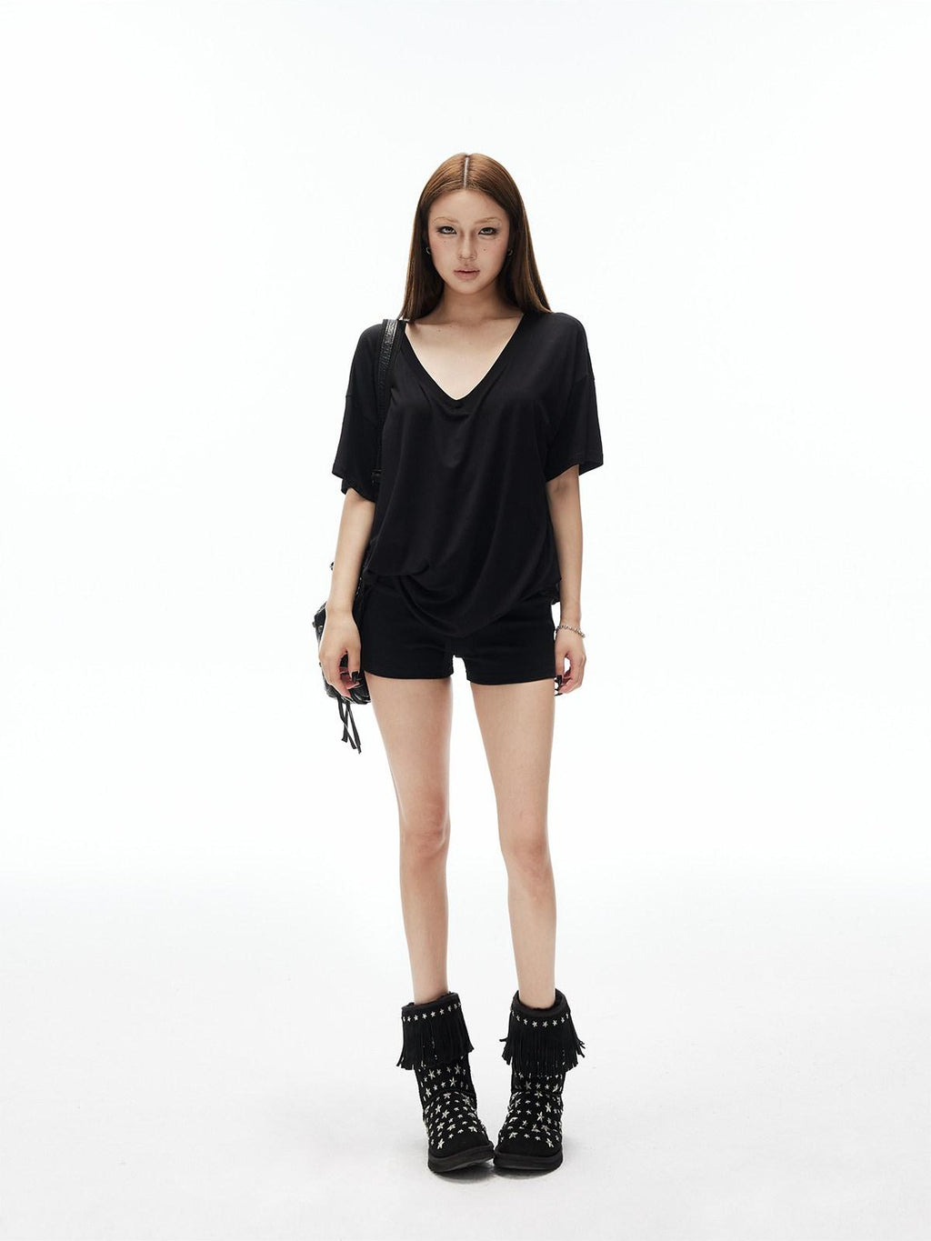 iamxiaa Drapey Deep V Drop Shoulder Women's Loose Slouchy Short Sleeve T-shirts
