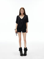 iamxiaa Drapey Deep V Drop Shoulder Women's Loose Slouchy Short Sleeve T-shirts