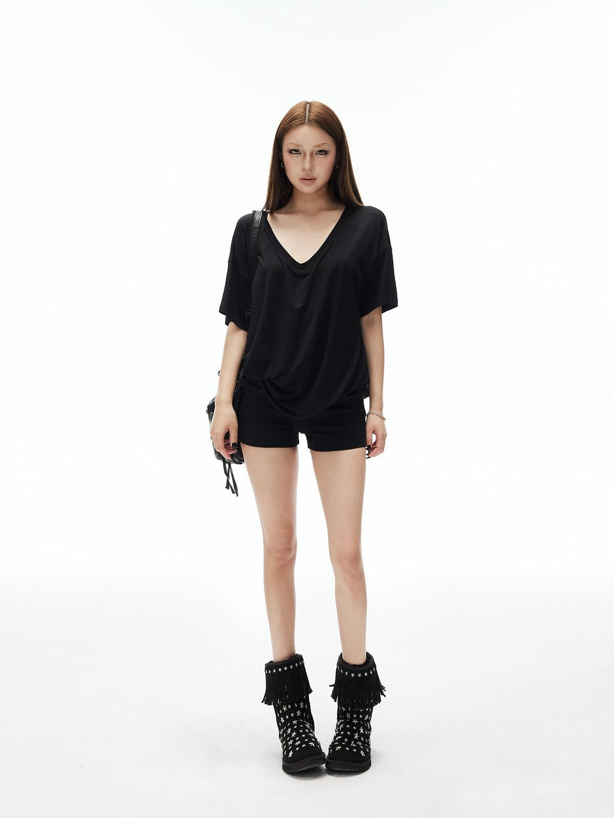 iamxiaa Drapey Deep V Drop Shoulder Women's Loose Slouchy Short Sleeve T-shirts