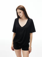 iamxiaa Drapey Deep V Drop Shoulder Women's Loose Slouchy Short Sleeve T-shirts