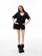 iamxiaa Drapey Deep V Drop Shoulder Women's Loose Slouchy Short Sleeve T-shirts