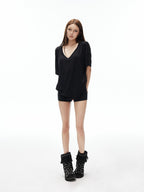 iamxiaa Drapey Deep V Drop Shoulder Women's Loose Slouchy Short Sleeve T-shirts
