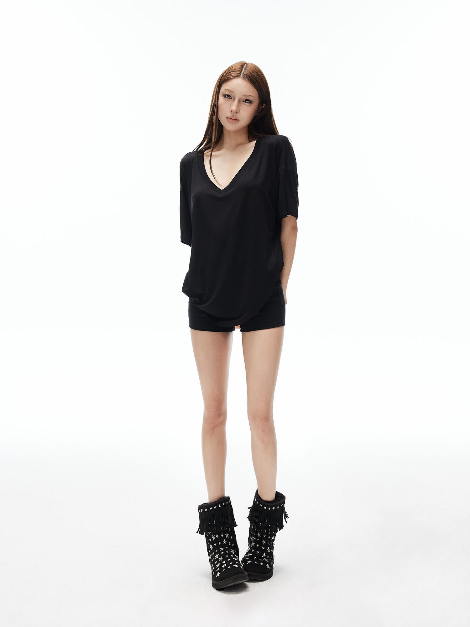 iamxiaa Drapey Deep V Drop Shoulder Women's Loose Slouchy Short Sleeve T-shirts