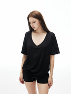 iamxiaa Drapey Deep V Drop Shoulder Women's Loose Slouchy Short Sleeve T-shirts