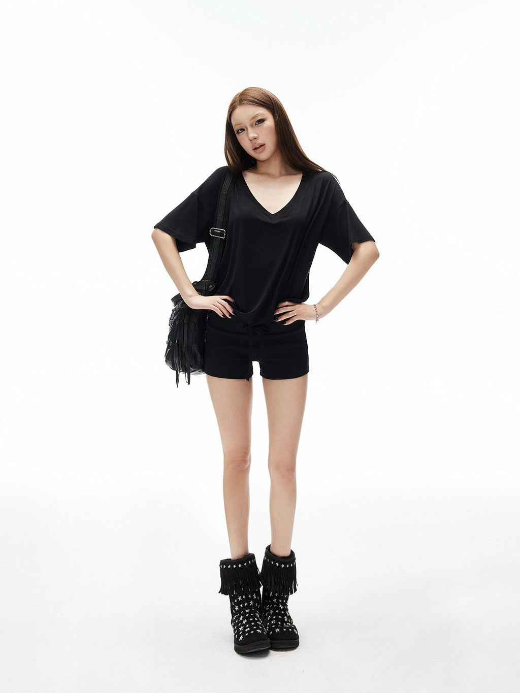 iamxiaa Drapey Deep V Drop Shoulder Women's Loose Slouchy Short Sleeve T-shirts