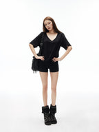 iamxiaa Drapey Deep V Drop Shoulder Women's Loose Slouchy Short Sleeve T-shirts