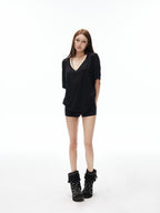 iamxiaa Drapey Deep V Drop Shoulder Women's Loose Slouchy Short Sleeve T-shirts