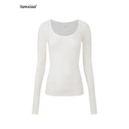 iamxiaa Fine Ribbed Slim Semi Sheer U Neck Women's Tencel Wool Long Sleeve T-shirts 981312763042