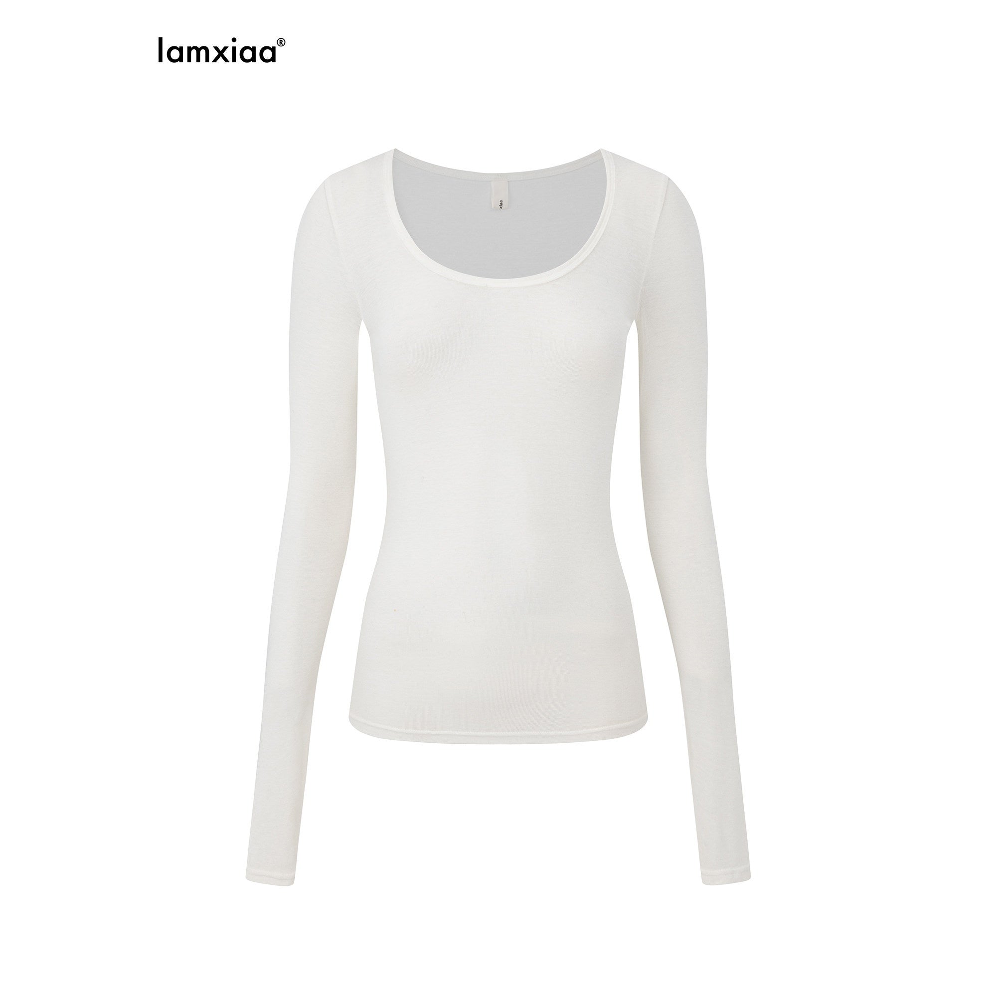 iamxiaa Fine Ribbed Slim Semi Sheer U Neck Women's Tencel Wool Long Sleeve T-shirts 981312763042
