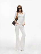 iamxiaa Fine Ribbed Slim Semi Sheer U Neck Women's Tencel Wool Long Sleeve T-shirts