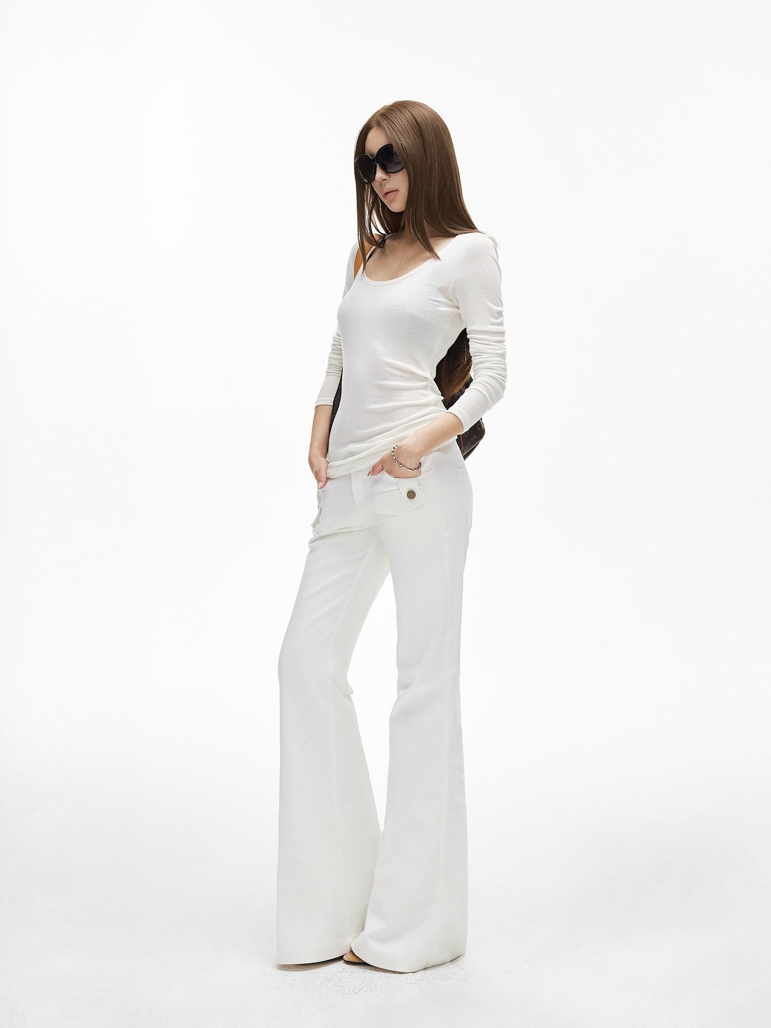 iamxiaa Fine Ribbed Slim Semi Sheer U Neck Women's Tencel Wool Long Sleeve T-shirts