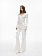iamxiaa Fine Ribbed Slim Semi Sheer U Neck Women's Tencel Wool Long Sleeve T-shirts