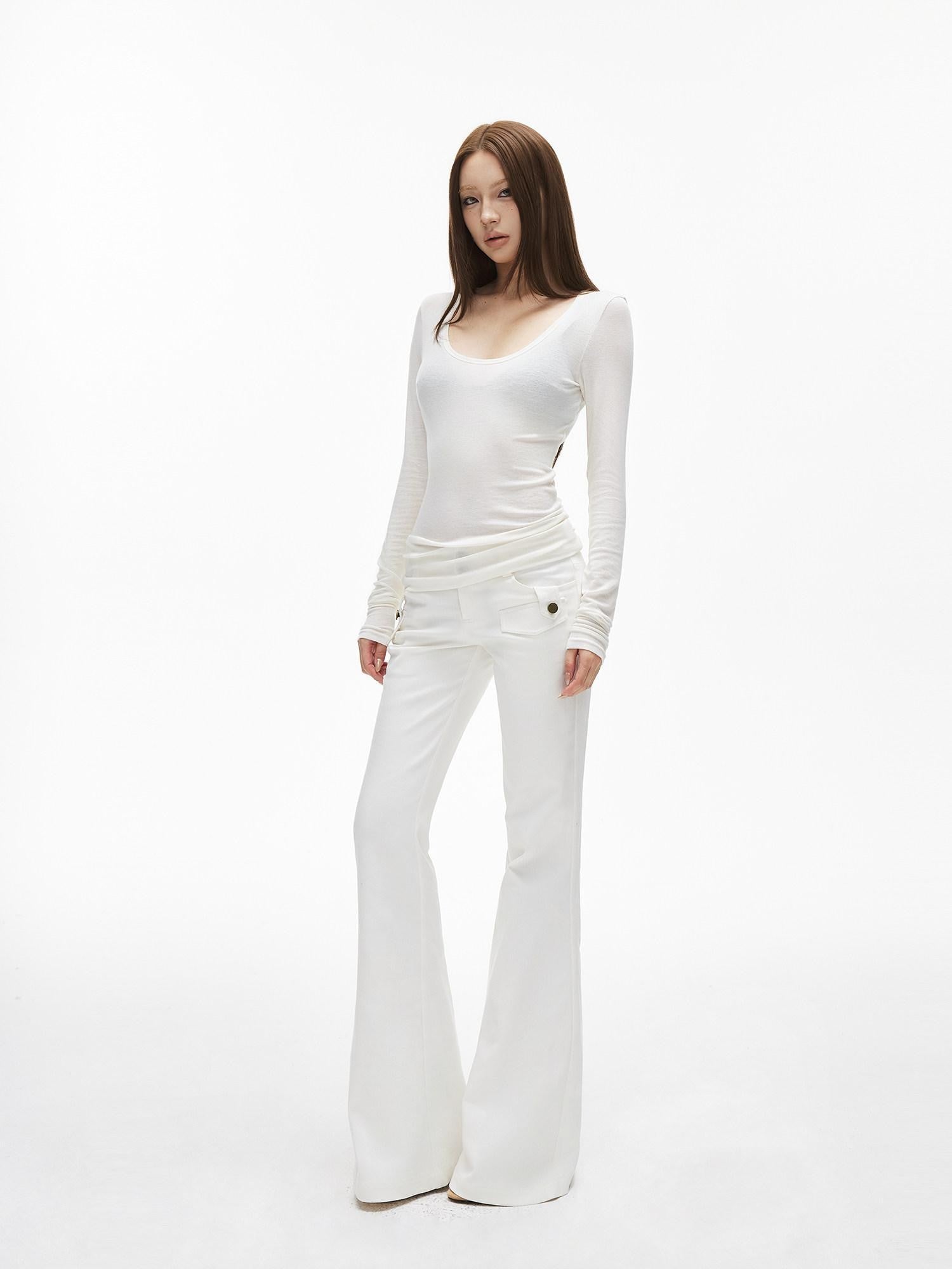 iamxiaa Fine Ribbed Slim Semi Sheer U Neck Women's Tencel Wool Long Sleeve T-shirts