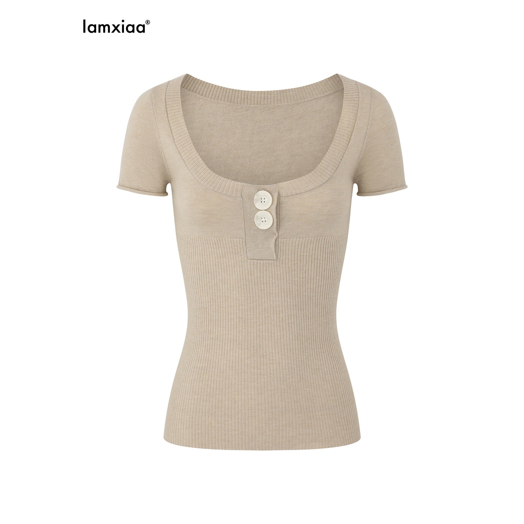 iamxiaa Frayed Edge Henley Button Slim Fit Women's Wool Knit Top & Shorts Sets 905838635833