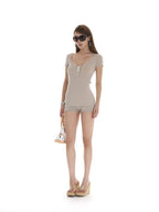 iamxiaa Frayed Edge Henley Button Slim Fit Women's Wool Knit Top & Shorts Sets
