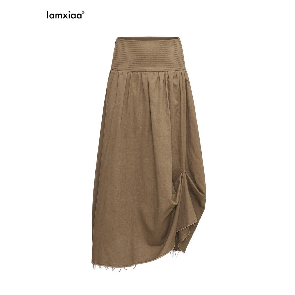 iamxiaa Frayed Hem Wide Waistband Women's Linen Cotton Asymmetric Cocoon Maxi Skirts 966184551814