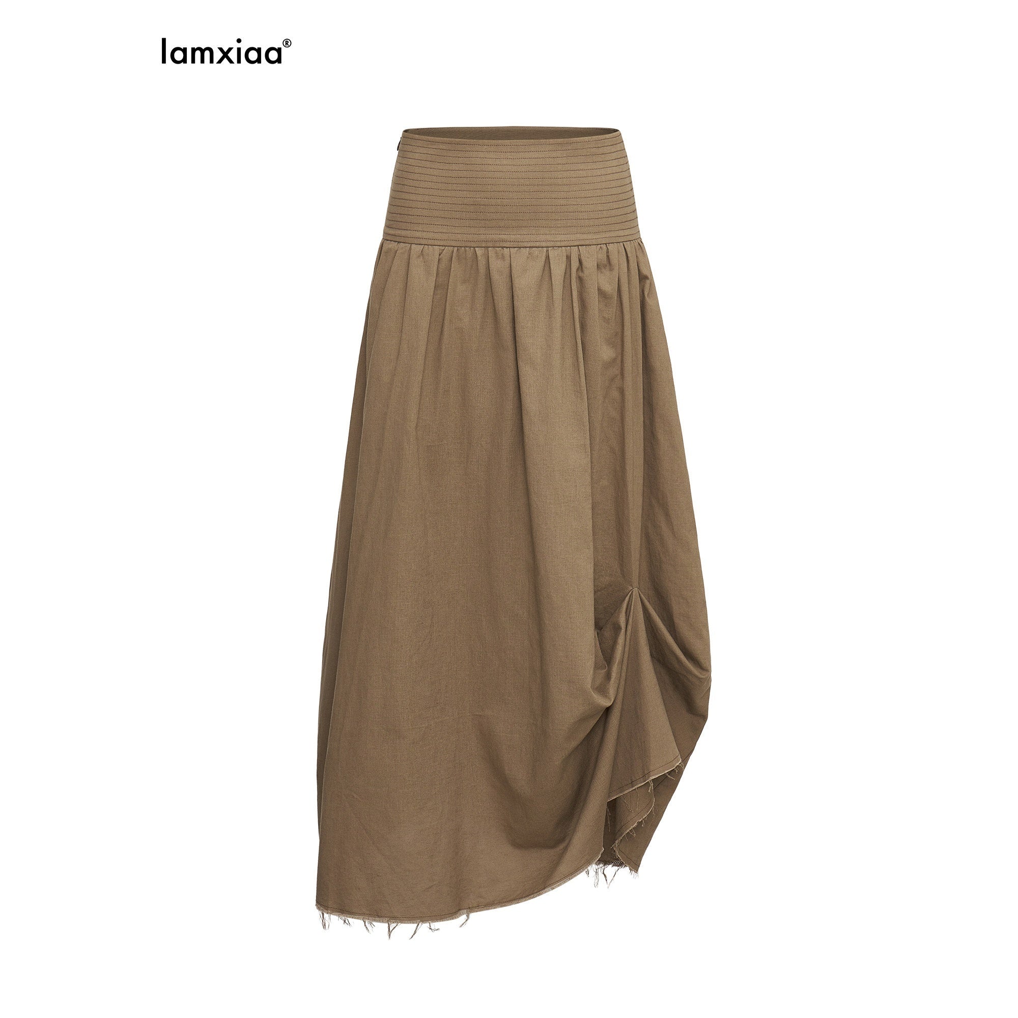 iamxiaa Frayed Hem Wide Waistband Women's Linen Cotton Asymmetric Cocoon Maxi Skirts 966184551814