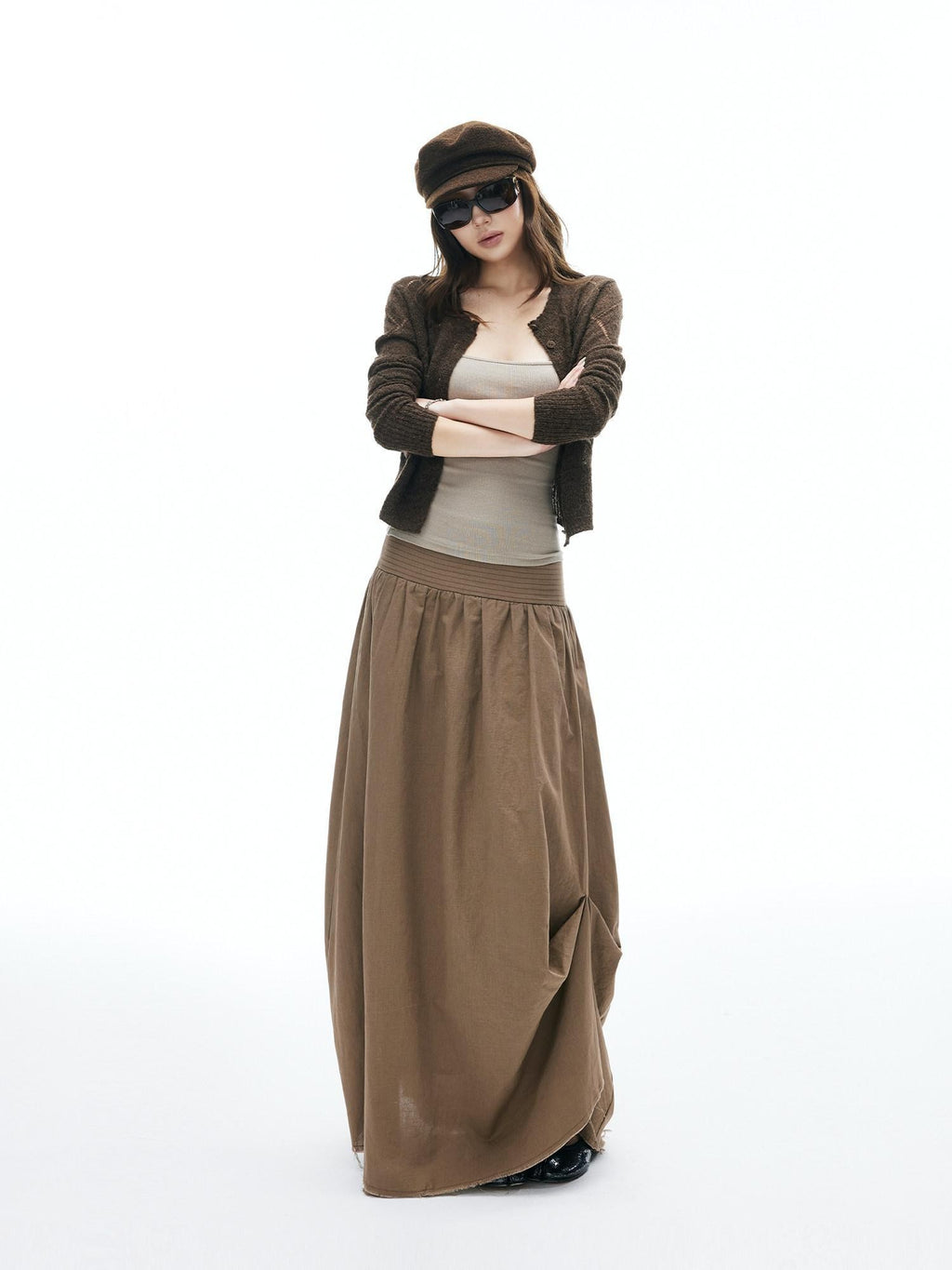 iamxiaa Frayed Hem Wide Waistband Women's Linen Cotton Asymmetric Cocoon Maxi Skirts