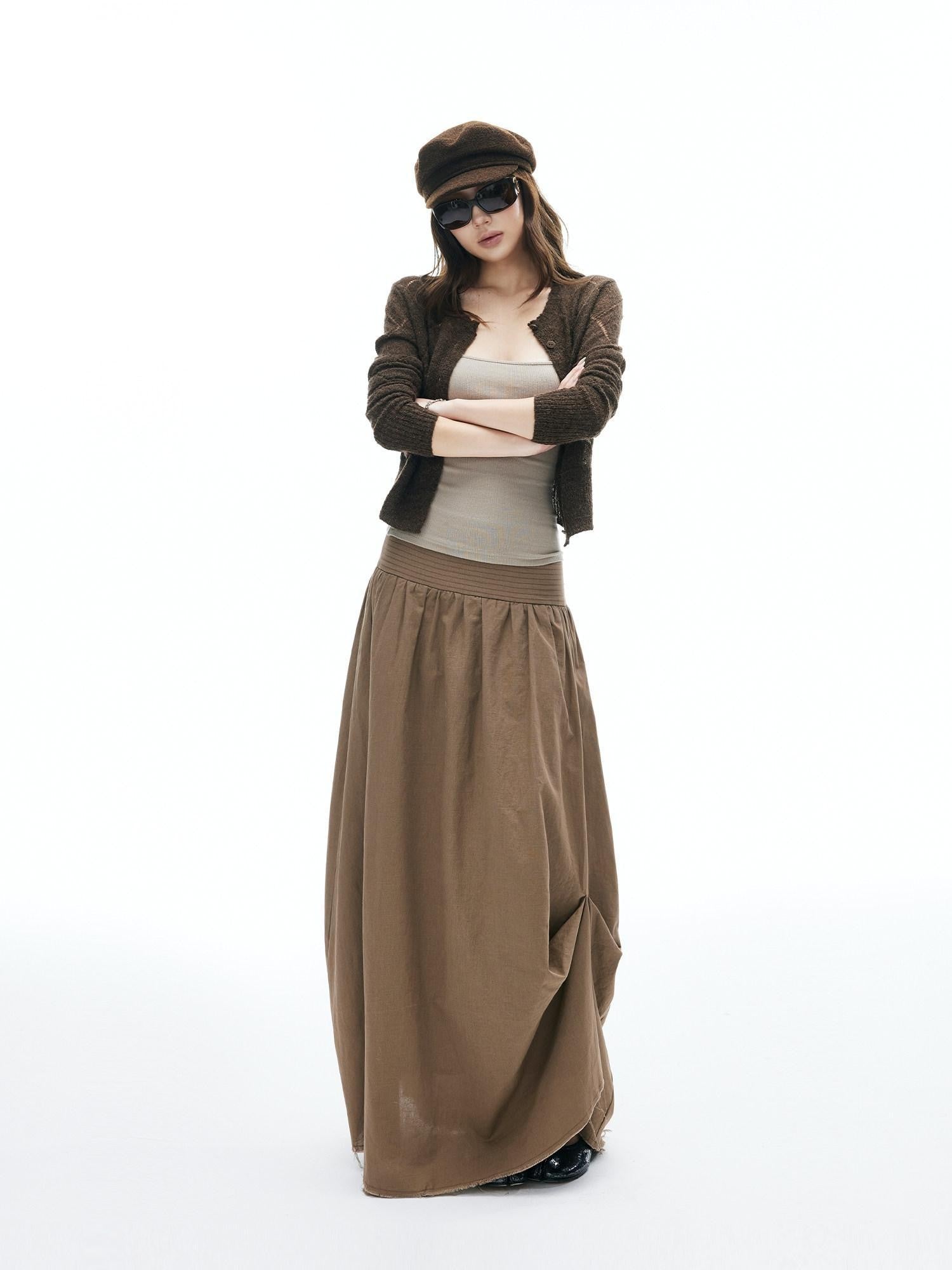 iamxiaa Frayed Hem Wide Waistband Women's Linen Cotton Asymmetric Cocoon Maxi Skirts