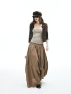 iamxiaa Frayed Hem Wide Waistband Women's Linen Cotton Asymmetric Cocoon Maxi Skirts