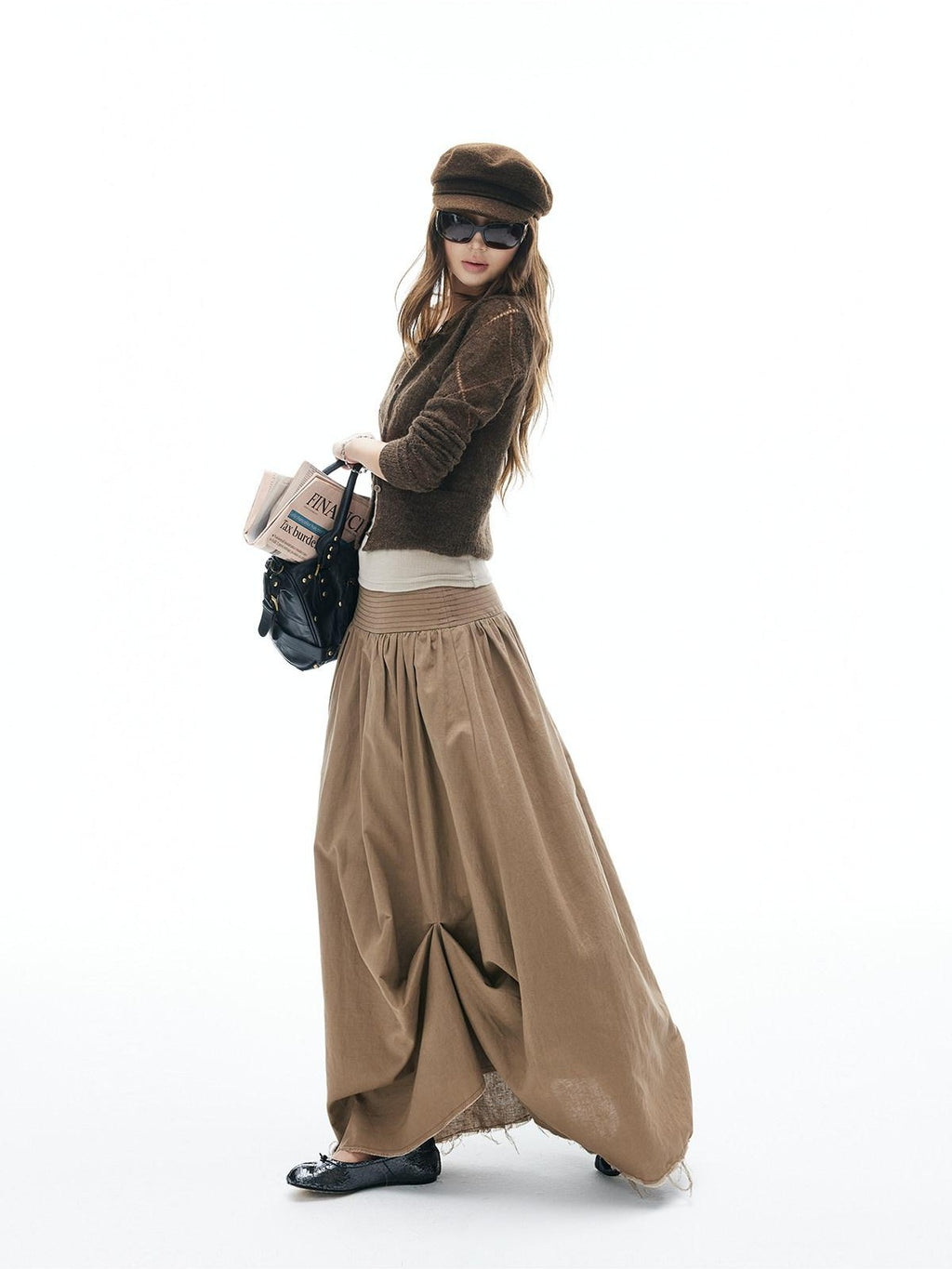 iamxiaa Frayed Hem Wide Waistband Women's Linen Cotton Asymmetric Cocoon Maxi Skirts