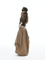 iamxiaa Frayed Hem Wide Waistband Women's Linen Cotton Asymmetric Cocoon Maxi Skirts