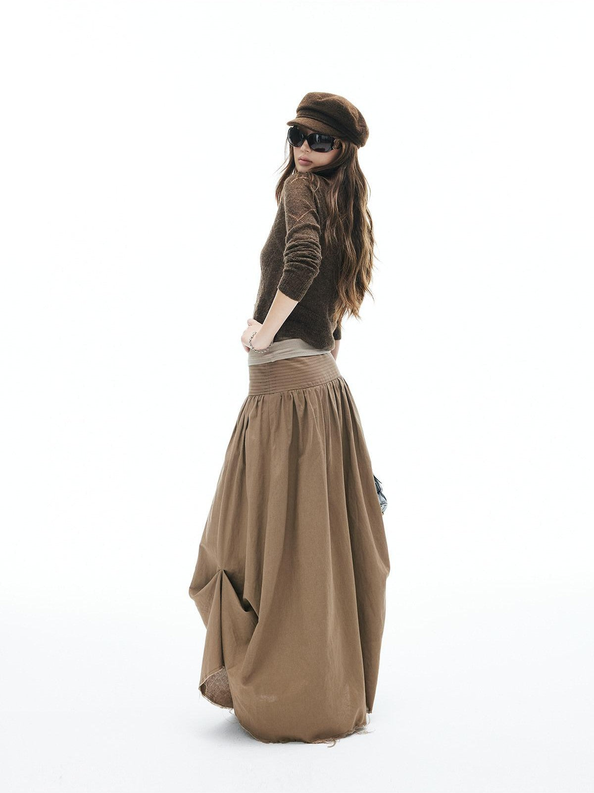iamxiaa Frayed Hem Wide Waistband Women's Linen Cotton Asymmetric Cocoon Maxi Skirts