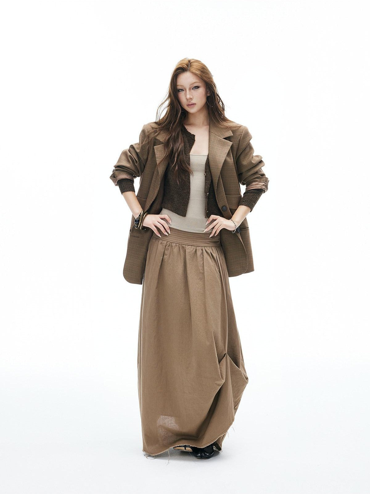 iamxiaa Frayed Hem Wide Waistband Women's Linen Cotton Asymmetric Cocoon Maxi Skirts