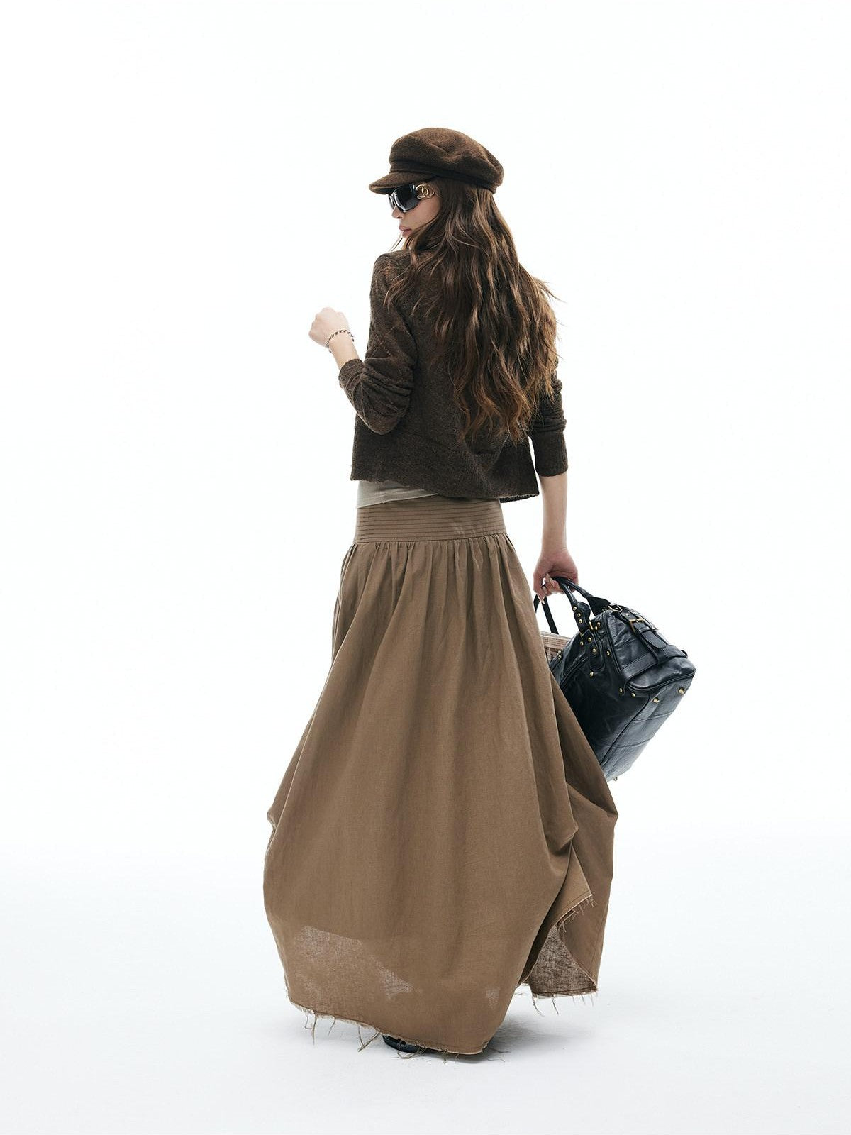 iamxiaa Frayed Hem Wide Waistband Women's Linen Cotton Asymmetric Cocoon Maxi Skirts