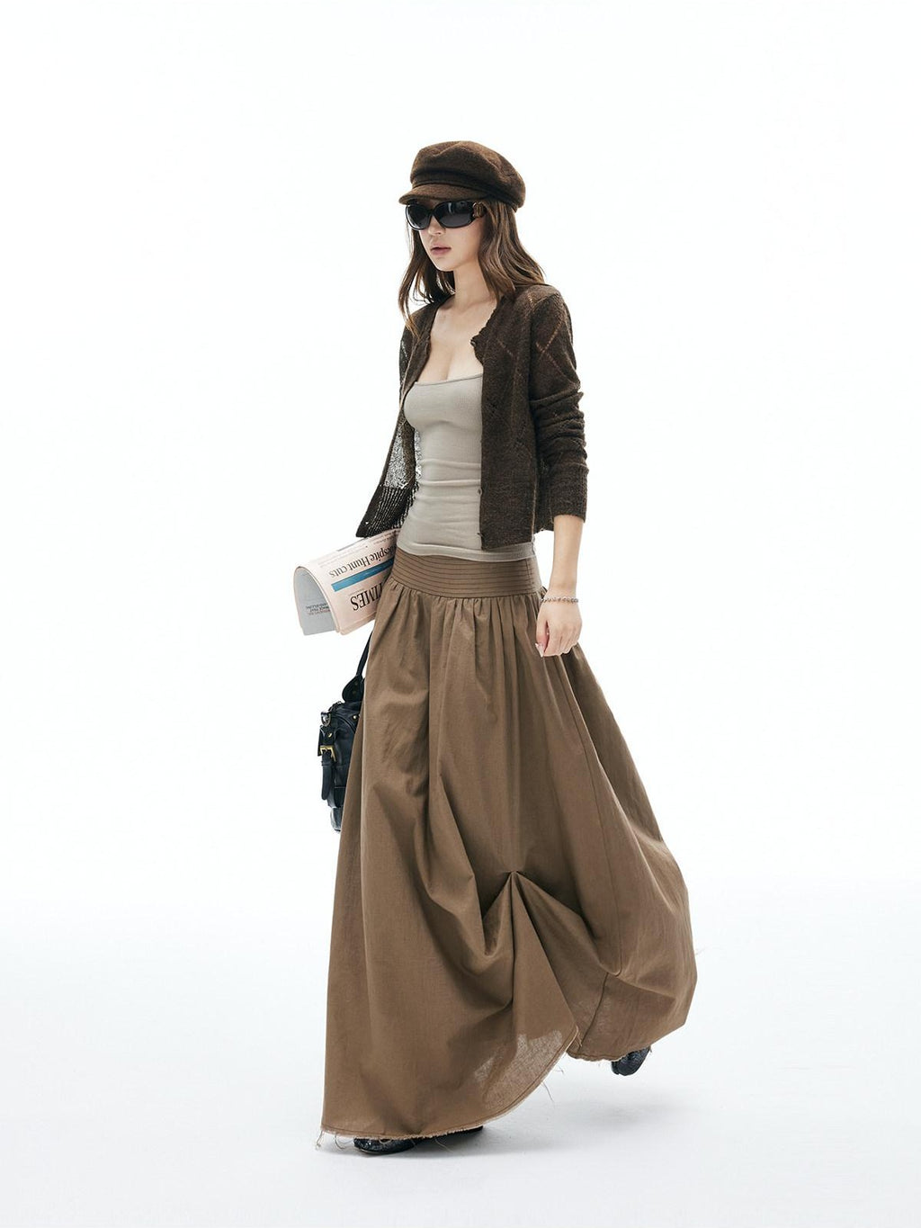 iamxiaa Frayed Hem Wide Waistband Women's Linen Cotton Asymmetric Cocoon Maxi Skirts