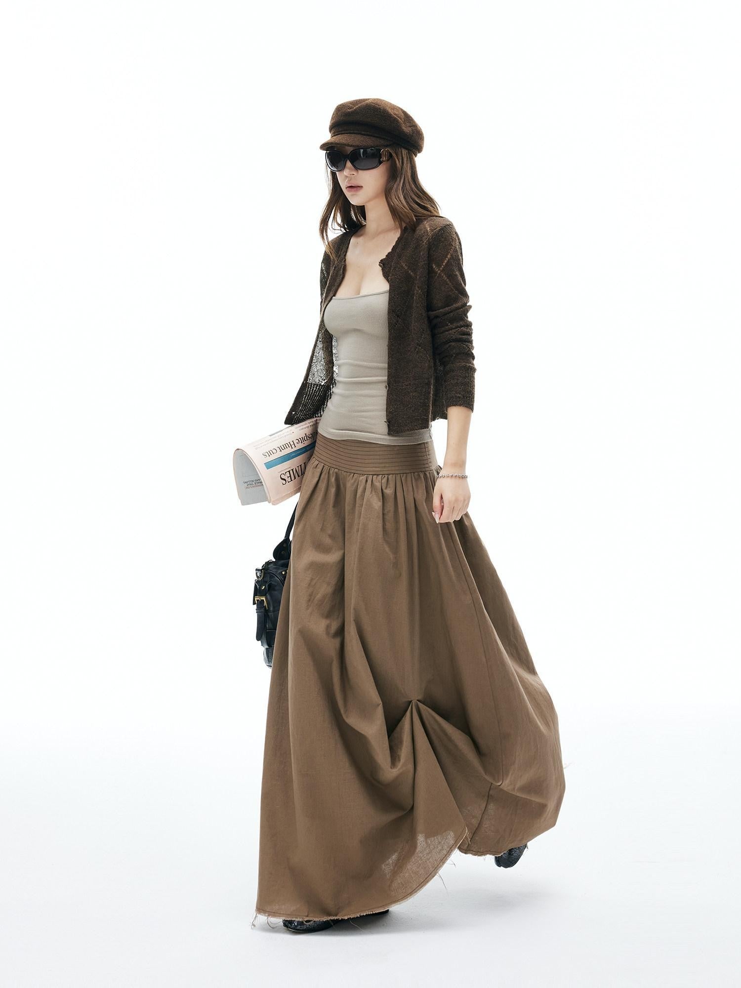 iamxiaa Frayed Hem Wide Waistband Women's Linen Cotton Asymmetric Cocoon Maxi Skirts