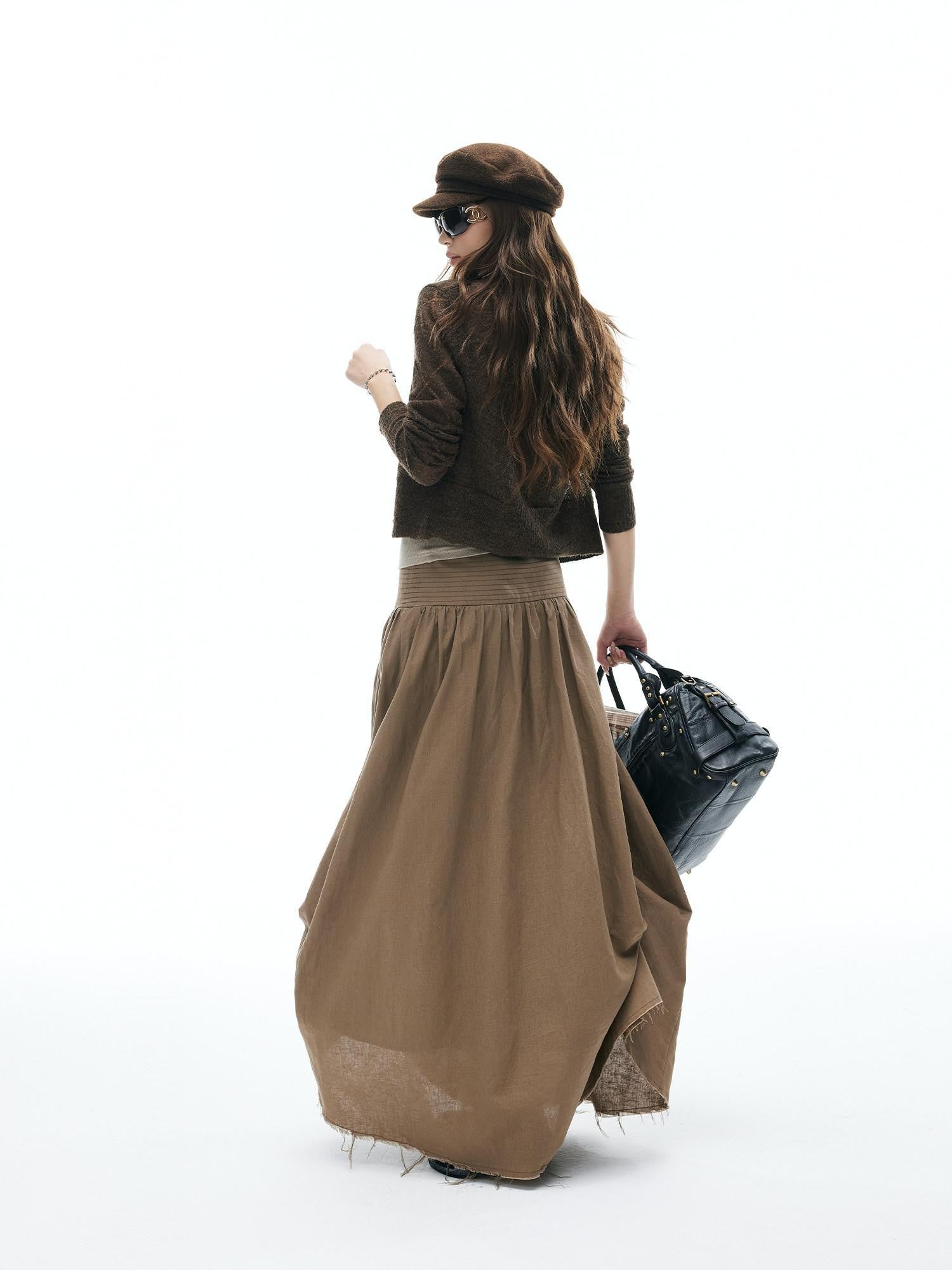 iamxiaa Frayed Hem Wide Waistband Women's Linen Cotton Asymmetric Cocoon Maxi Skirts