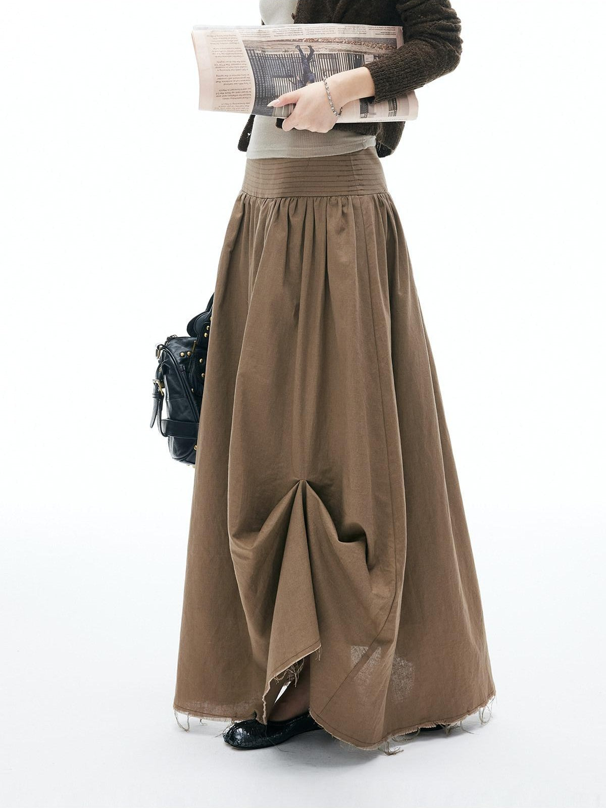 iamxiaa Frayed Hem Wide Waistband Women's Linen Cotton Asymmetric Cocoon Maxi Skirts