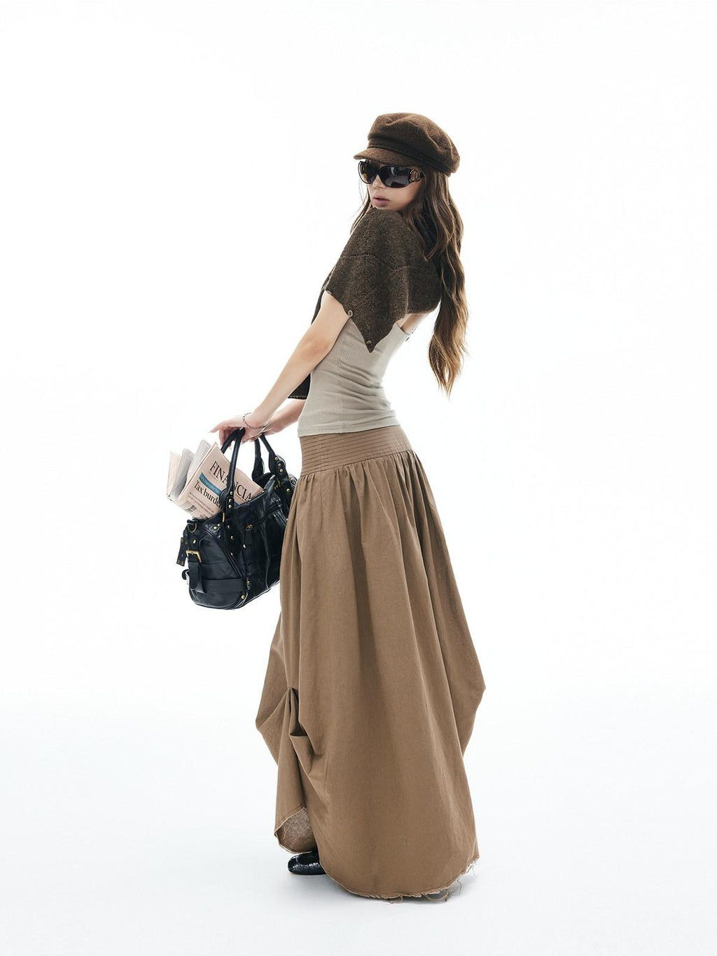 iamxiaa Frayed Hem Wide Waistband Women's Linen Cotton Asymmetric Cocoon Maxi Skirts