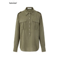 iamxiaa Gray Green Epaulet Utility Half Placket Adjustable Waist Women's Lyocell Shirts 1036716719054