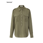 iamxiaa Gray Green Epaulet Utility Half Placket Adjustable Waist Women's Lyocell Shirts 1036716719054