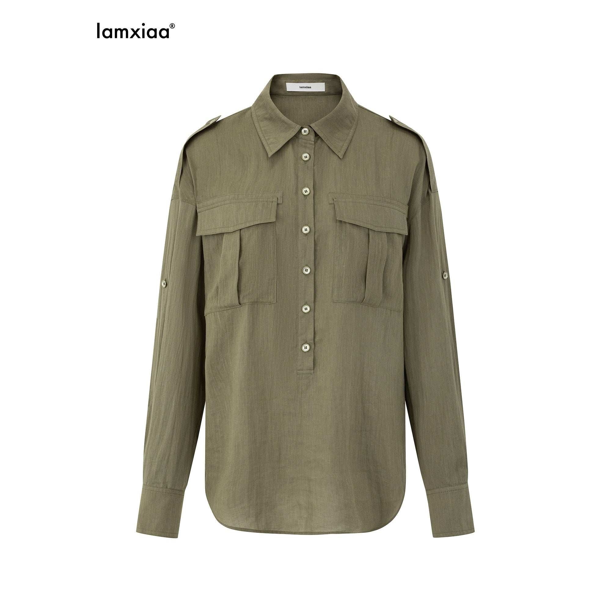 iamxiaa Gray Green Epaulet Utility Half Placket Adjustable Waist Women's Lyocell Shirts 1036716719054