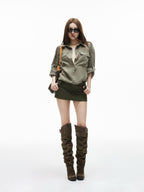 iamxiaa Gray Green Epaulet Utility Half Placket Adjustable Waist Women's Lyocell Shirts