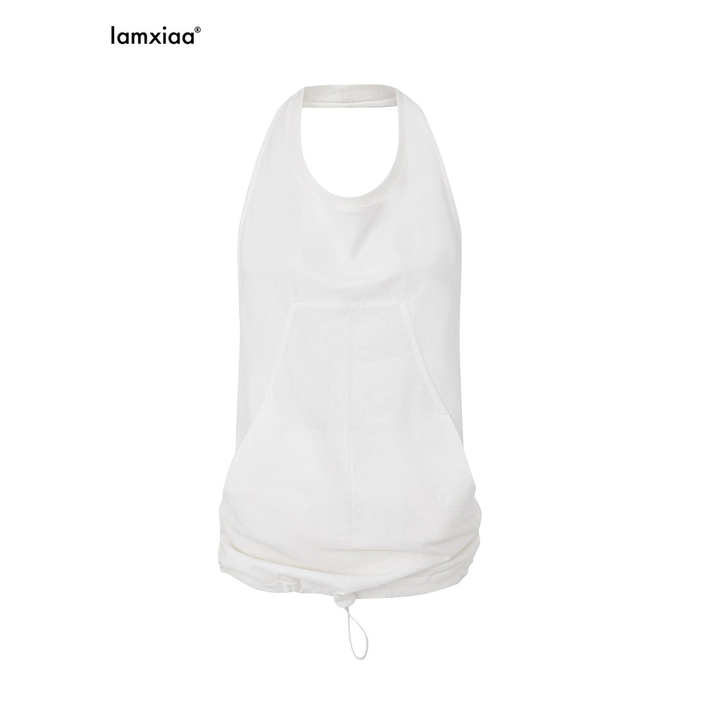 iamxiaa Halter Open Back Drawstring Kangaroo Pocket Women's Tank Tops 925826057954