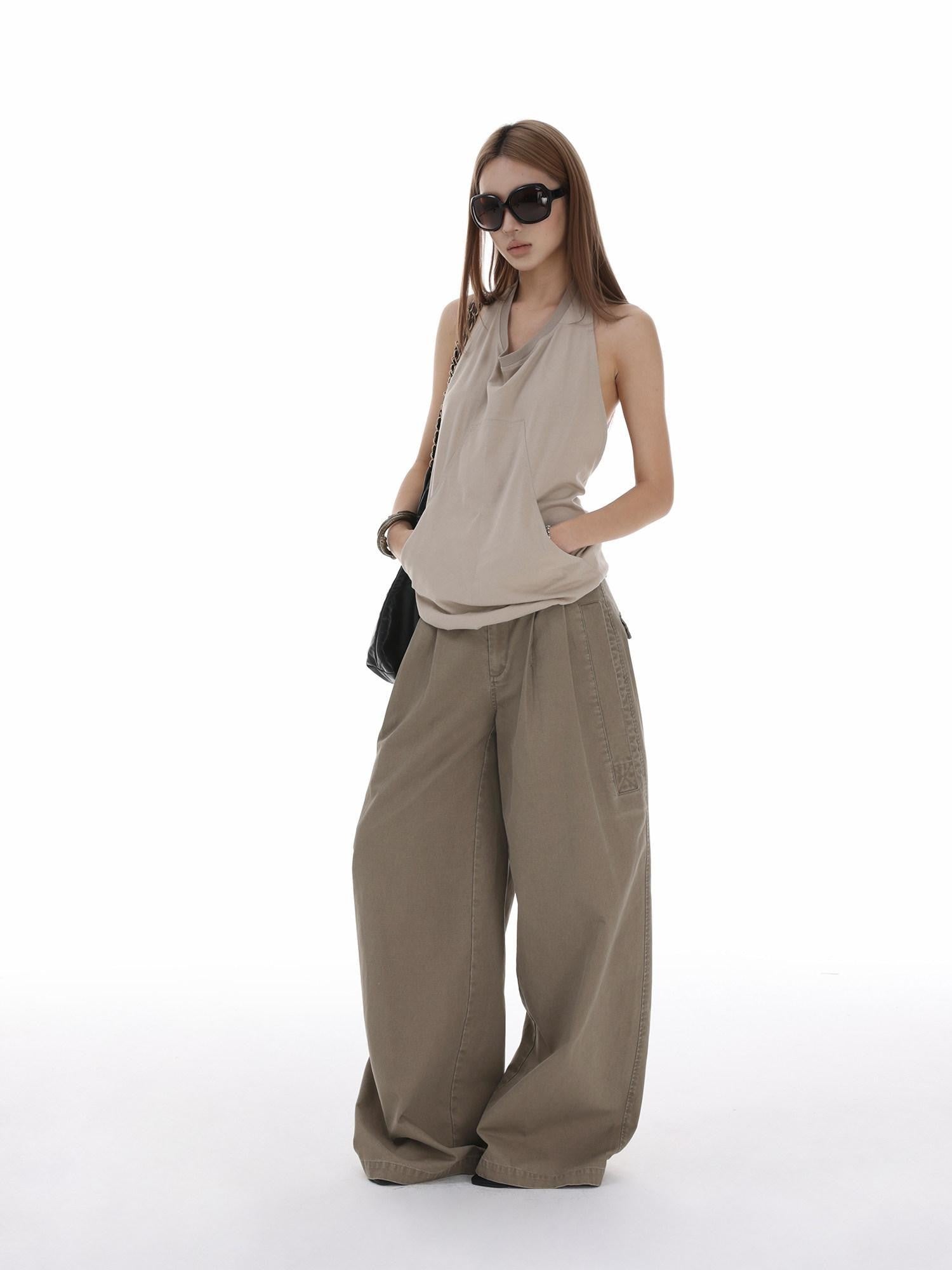 iamxiaa Halter Open Back Drawstring Kangaroo Pocket Women's Tank Tops