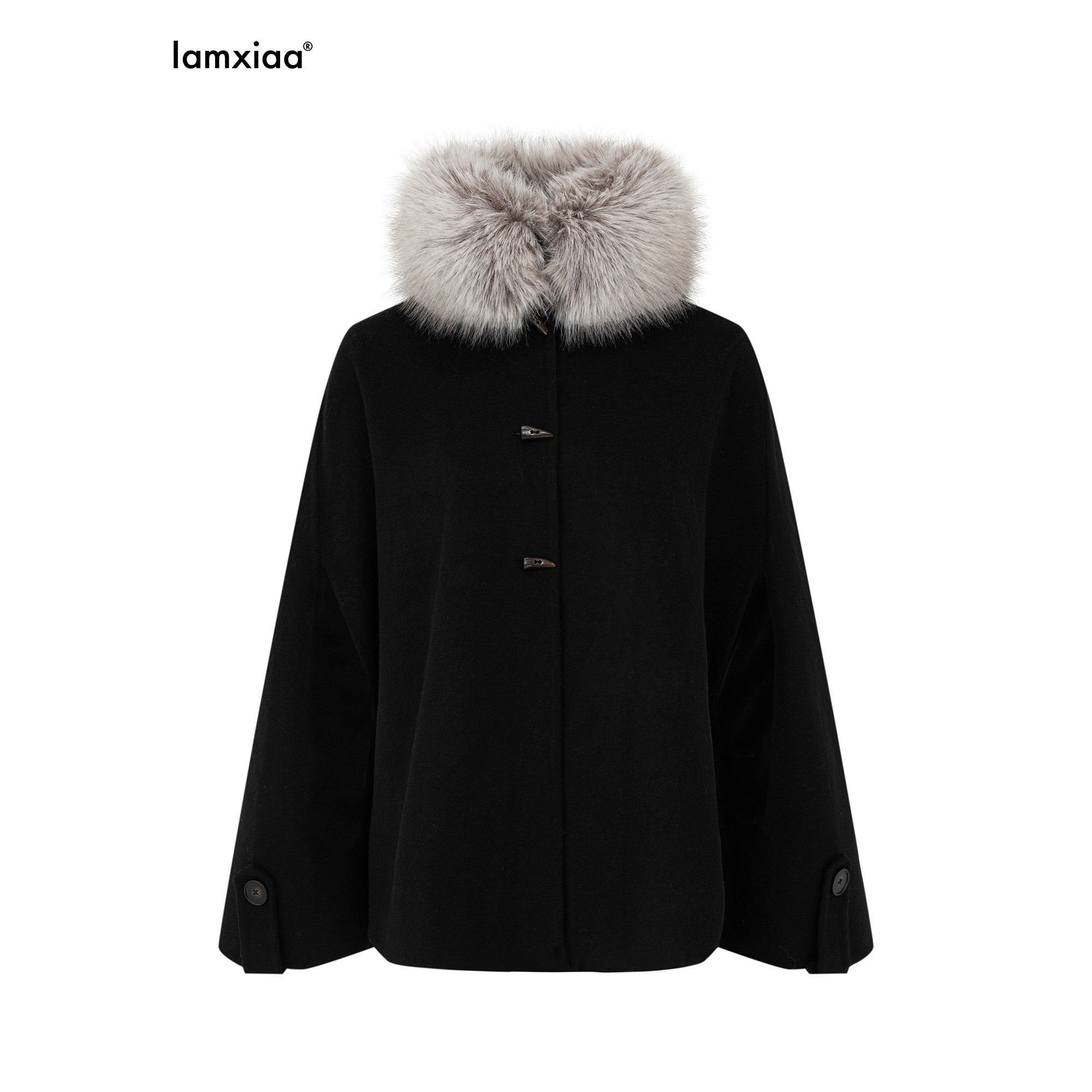 iamxiaa Handmade Double Faced Stand Collar Eco Fur Trim Horn Toggle Women's Wool Ponchos 987933142295