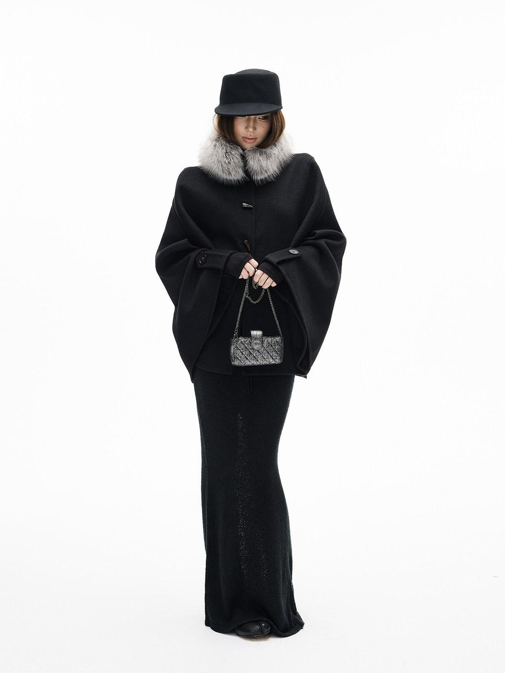 iamxiaa Handmade Double Faced Stand Collar Eco Fur Trim Horn Toggle Women's Wool Ponchos
