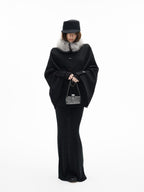 iamxiaa Handmade Double Faced Stand Collar Eco Fur Trim Horn Toggle Women's Wool Ponchos