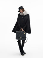 iamxiaa Handmade Double Faced Stand Collar Eco Fur Trim Horn Toggle Women's Wool Ponchos