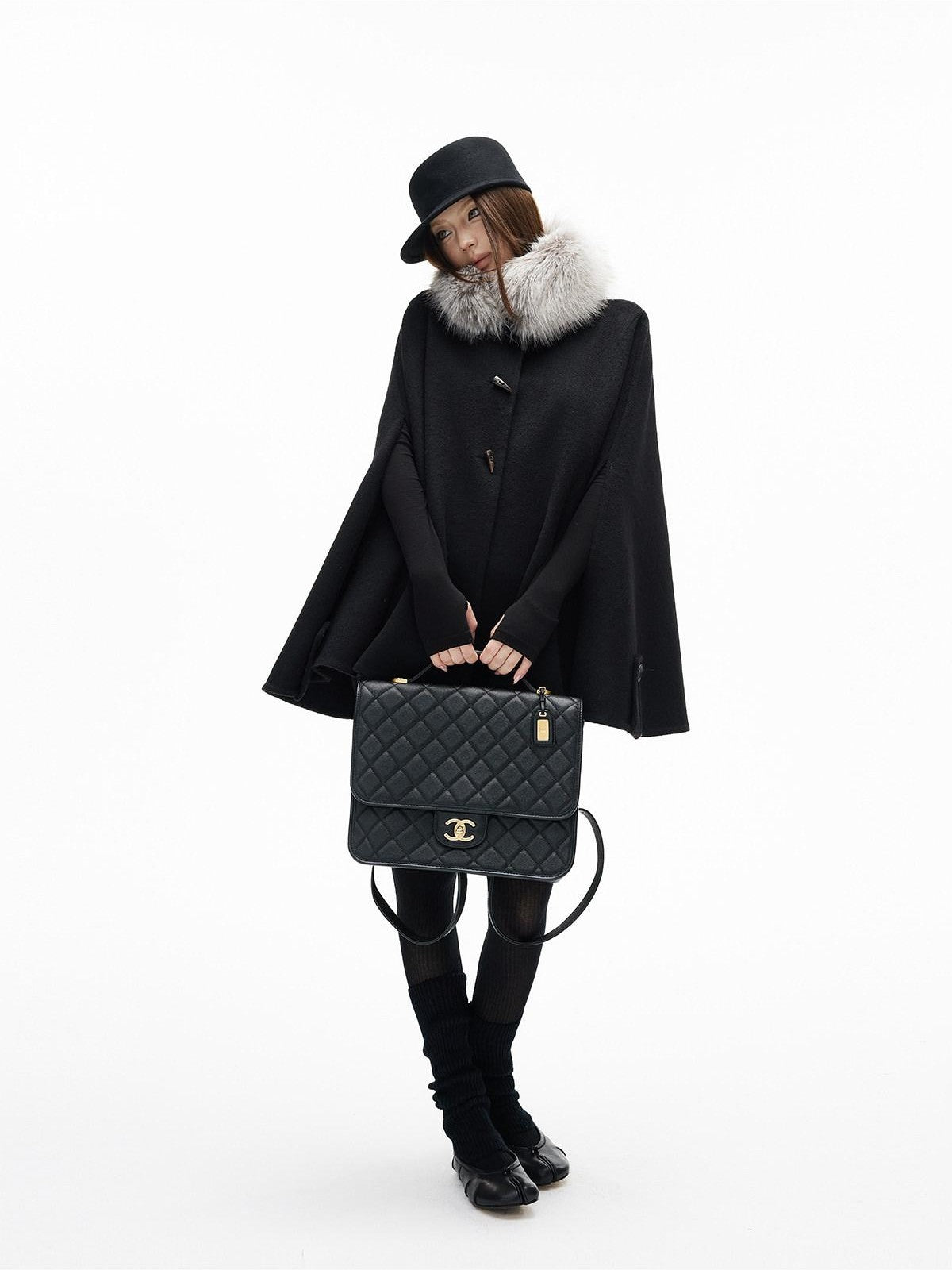 iamxiaa Handmade Double Faced Stand Collar Eco Fur Trim Horn Toggle Women's Wool Ponchos