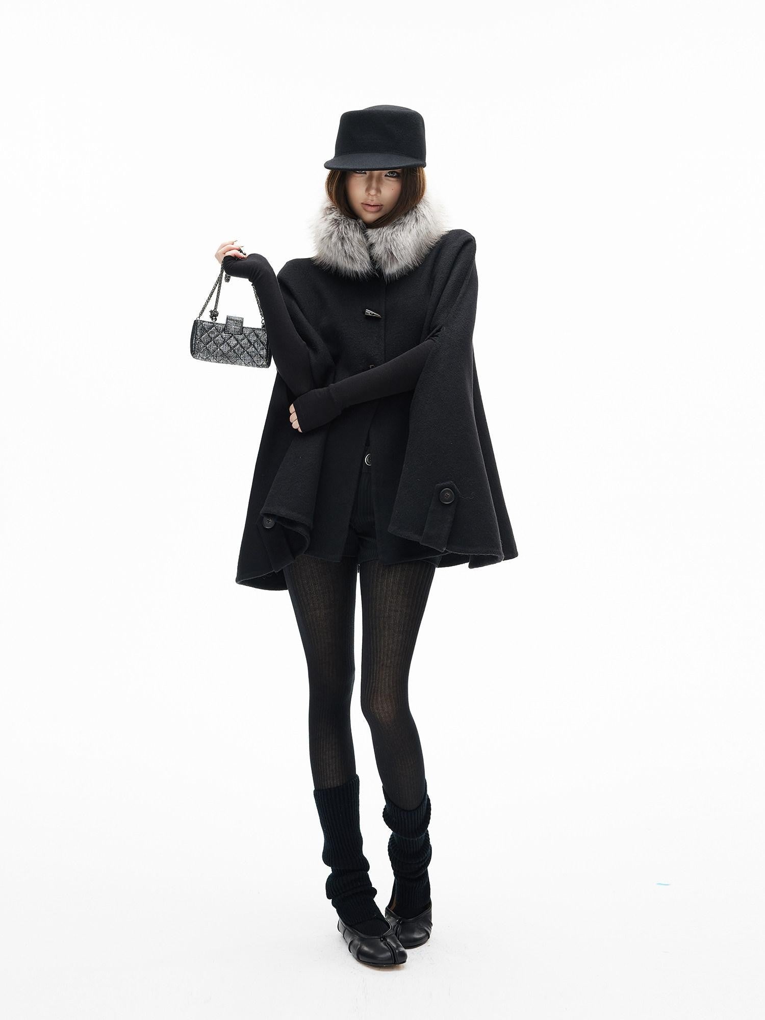 iamxiaa Handmade Double Faced Stand Collar Eco Fur Trim Horn Toggle Women's Wool Ponchos