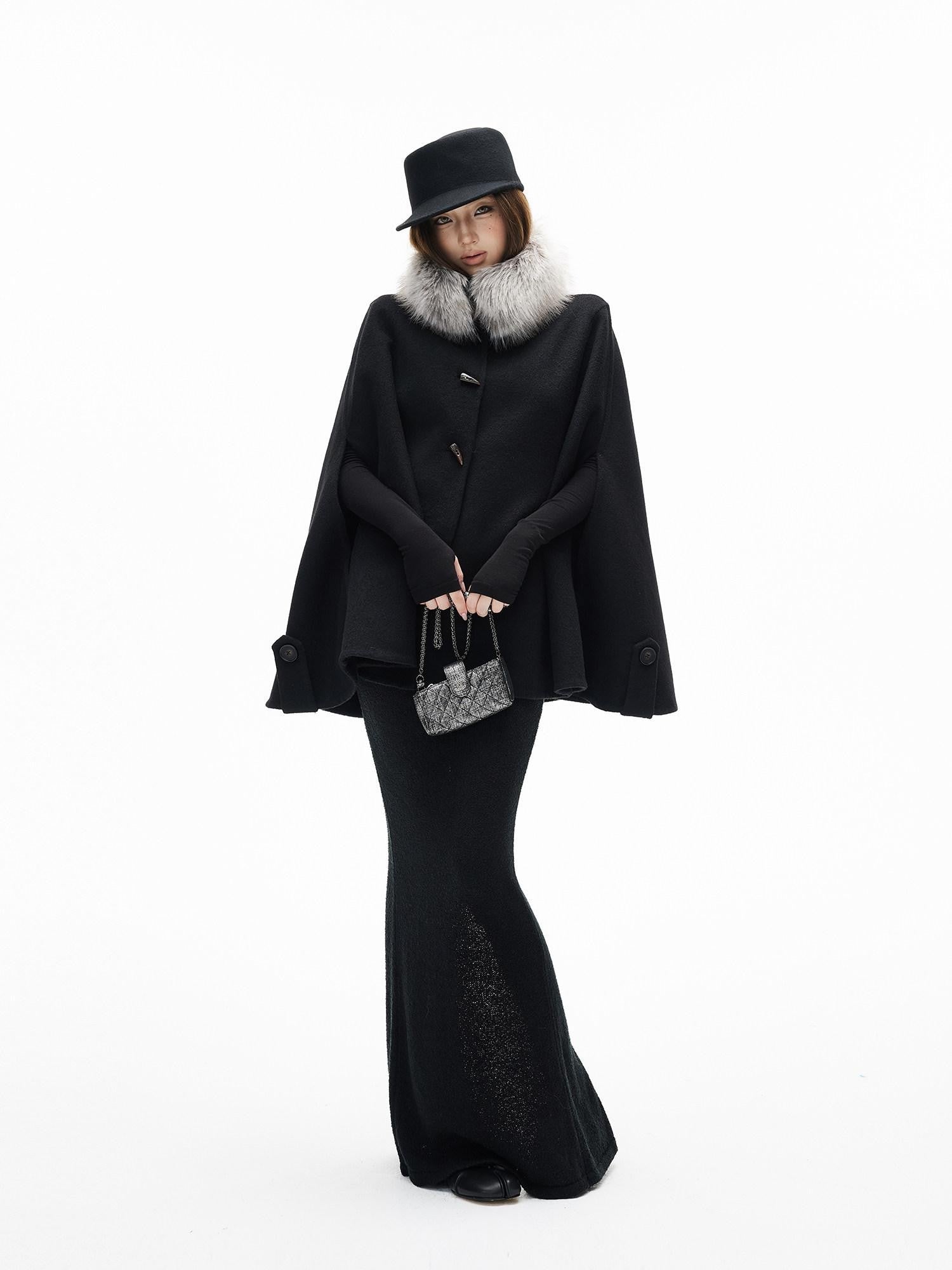 iamxiaa Handmade Double Faced Stand Collar Eco Fur Trim Horn Toggle Women's Wool Ponchos