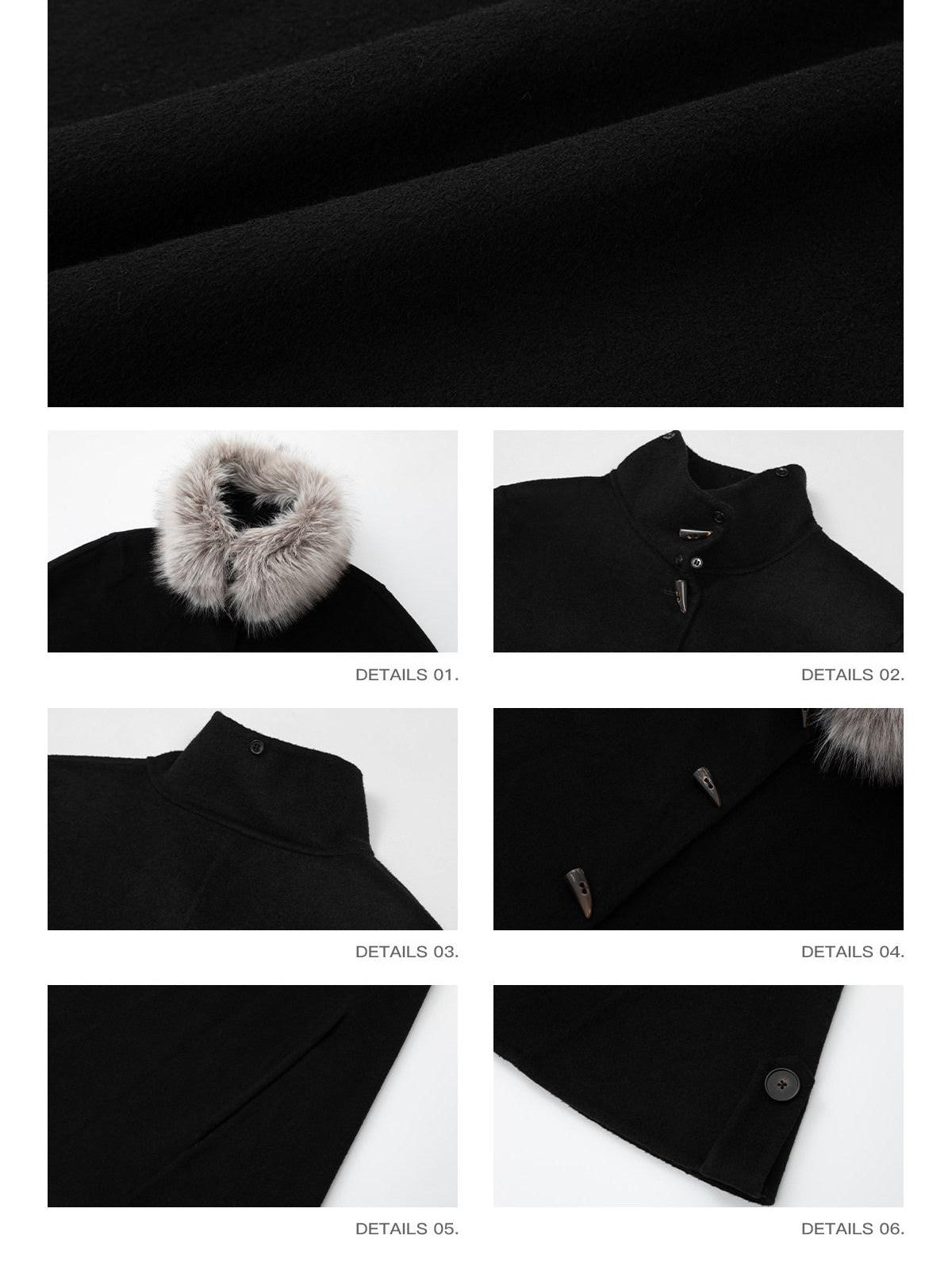 iamxiaa Handmade Double Faced Stand Collar Eco Fur Trim Horn Toggle Women's Wool Ponchos