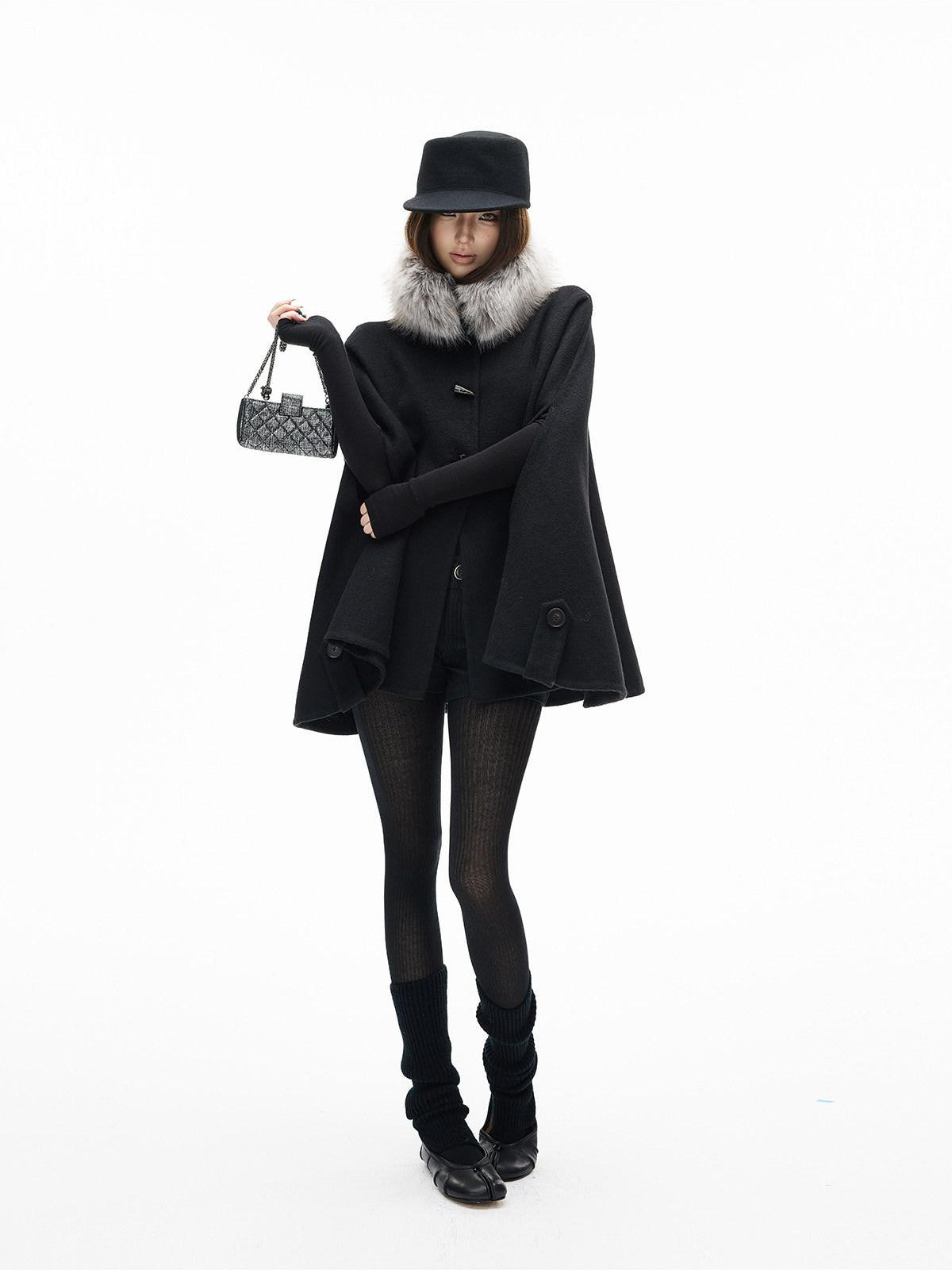 iamxiaa Handmade Double Faced Stand Collar Eco Fur Trim Horn Toggle Women's Wool Ponchos